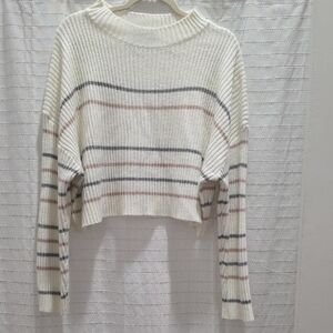SHEIN Grey and Blush Striped Cropped White Sweater
